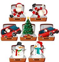 Set of Christmas theme with Santa, snowman, christmas tree in the luggage vector