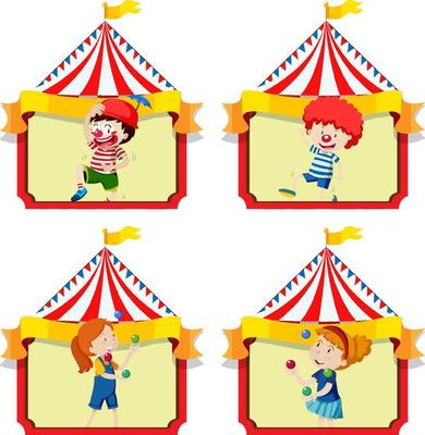 Set of boys and girls with circus tent background