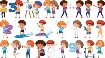 Set of children doing different activities on white background vector