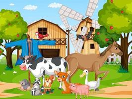 escena de la granja con muchos animales