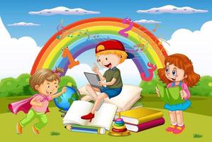 A children are reading books on a stack of books in garden scene vector