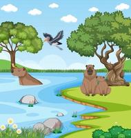 Wetland forest scene with capybara vector