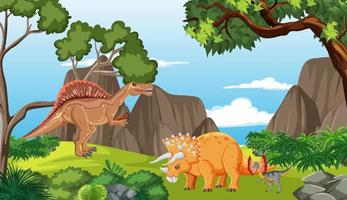 Nature scene with trees on mountains with dinosaur vector