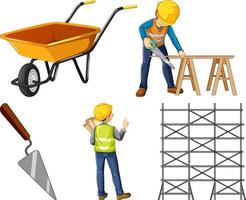 Construction worker set with man and tools vector