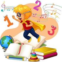 A super boy with a stack of books vector