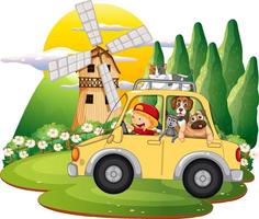 concepto de viaje por carretera con animales domésticos en un coche