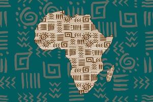 Africa patterned map and ethnic motifs. Banner with tribal traditional grunge African pattern, elements, concept design. Vector Ethnic African continent isolated on green background