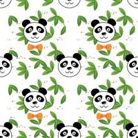 Seamless Cute panda face wearing bow tie with green bamboo leaves, pet animal in cartoon style. Funny baby kids print. Vector illustration isolated on white background