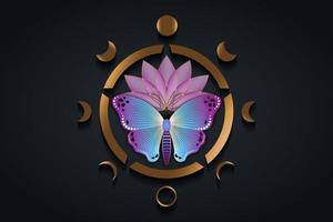 Sacred lotus flower and colorful butterfly with engraving and Moon Phases. Wiccan symbol, full moon, waning, waxing, first quarter, gibbous, crescent, third quarter. Vector logo isolated on black