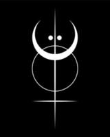 geometría sagrada, logotipo de tatuaje blanco con sol, luna creciente, cruz esotérica de alquimia, talismán celestial mágico místico. Ilustración de vector de objeto de ocultismo espiritual aislado sobre fondo negro
