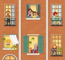 Apartment windows with neighbors cartoon character vector