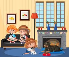 Room scene with children and their dogs vector