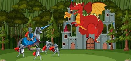 Scene with knight and dragon in forest vector