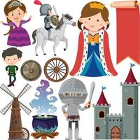 Medieval characters buildings set vector