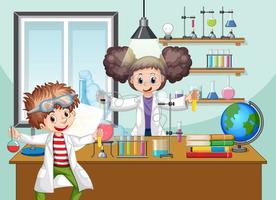 Classroom scene with scientist doing experiment vector