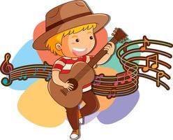 A little boy playing guitar with music notes on white background vector