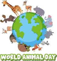 World Animal Day banner with wild animals standing on earth vector