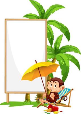 Blank wooden signboard with monkey catoon