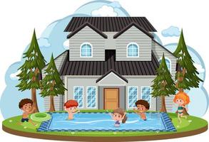 In front of house with children swimming in the pool vector