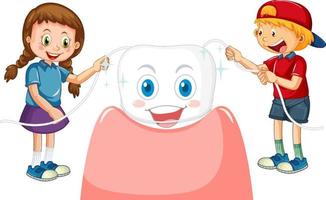 Children polishes the teeth using dental floss on white background vector