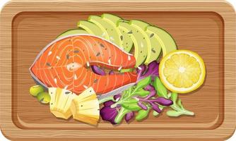 Top view of salmon steak on a wooden tray vector