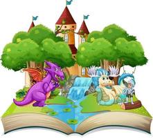 Book with scene of dragons and knight by castle