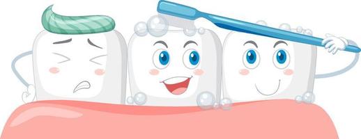 Happy teeth brushing itself with a toothpaste on white background vector