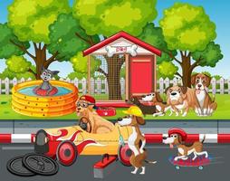 Dogs driving a car and dog fix the car on park background vector