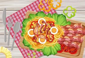 Top view of breakfast on wooden tray vector