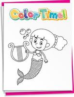 Worksheets template with color time text and mermaid outline vector