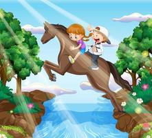 una escena de niña y amiga montando a caballo vector