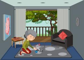 Old woman feeding cat in living room scene vector