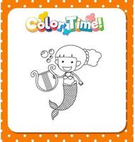 Worksheets template with color time text and Mermaid outline vector