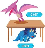 Prepostion wordcard design with dinosaurs over and under vector