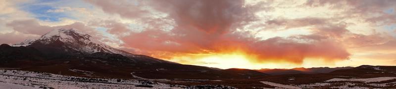 Panoramic view of the snowy Chimborazo volcano and its surroundings in a cloudy sunset photo