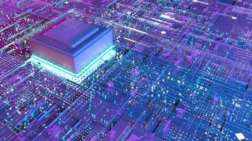 Circuit board with a CPU of central computer processors, a digital chip of the motherboard running with thousands of connections in red and blue light. 3d illustration photo