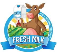 Cartoon cow with fresh milk label vector