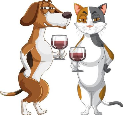 A dog and cat on drinking wine white background