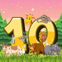 diferentes diez animales unidos al número diez vector
