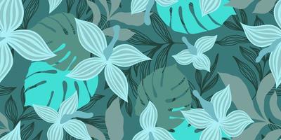 VECTOR SEAMLESS TURQUOISE BANNER WITH MINT FLOWERS AND COLORFUL TROPICAL LEAVES
