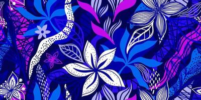 VECTOR SEAMLESS DARK BLUE BANNER WITH WHITE FLOWERS AND COLORFUL TROPICAL LEAVES