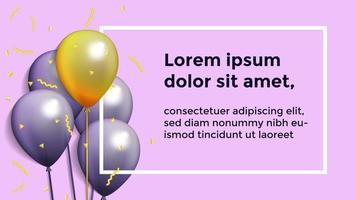 fondo con globos realistas festivos. diseño de celebración con globo de color morado y dorado vector