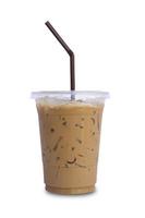 Iced coffee in a plastic cup, with a black twisted straw in the top cup isolated on white background. photo