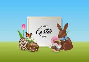 easter card with chocolate eggs, chocolate rabbit and flowers vector