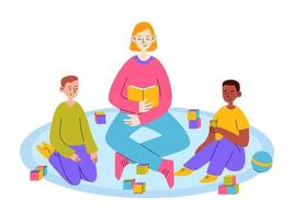 A teacher reads a book to preschoolers. Children play cubes, ball, phone. The concept of kindergarten, primary school. Vector flat illustration.