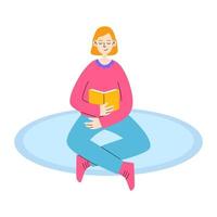 A young girl is reading a book sitting on the carpet. The concept of the love of reading. Vector flat illustration.