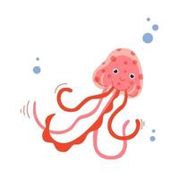 Vector illustration of cute pink jellyfish isolated on white background. Sea animal underwater creature