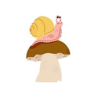 Cute cartoon snail on mushroom illustration isolated on white background for kids design vector