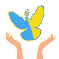 A symbol of peace a dove the color of the Ukrainian flag, in hands. Peace to Ukraine. No war. Vector banner