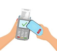 Banking POS-terminal, payment machine with a mobile phone. Contactless payment with NFC technology.    Vector isolated illustration.